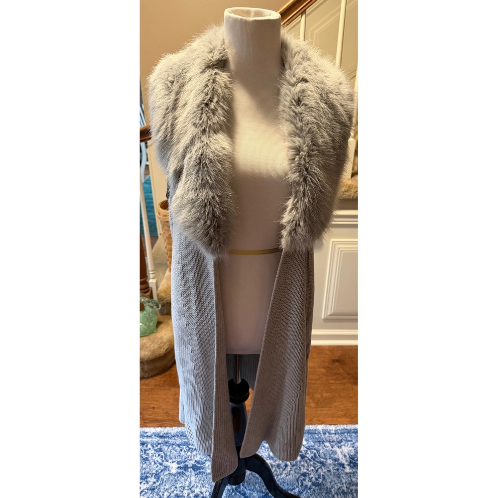 Talbots Womens Gray Knit Long Sweater Vest Removable Faux Fur Collar Medium M